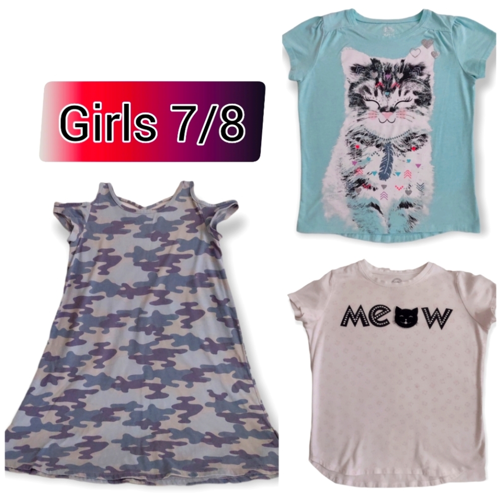 Girls summer clothes lot bundle size 7/8 cat tee cold shoulder dress camo cute